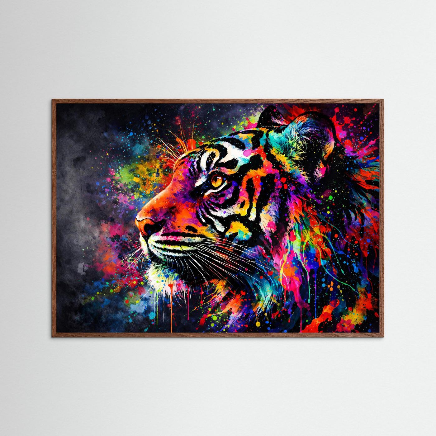 Tiger-Wandbild im Querformat mit buntem Porträt, brauner Rahmen