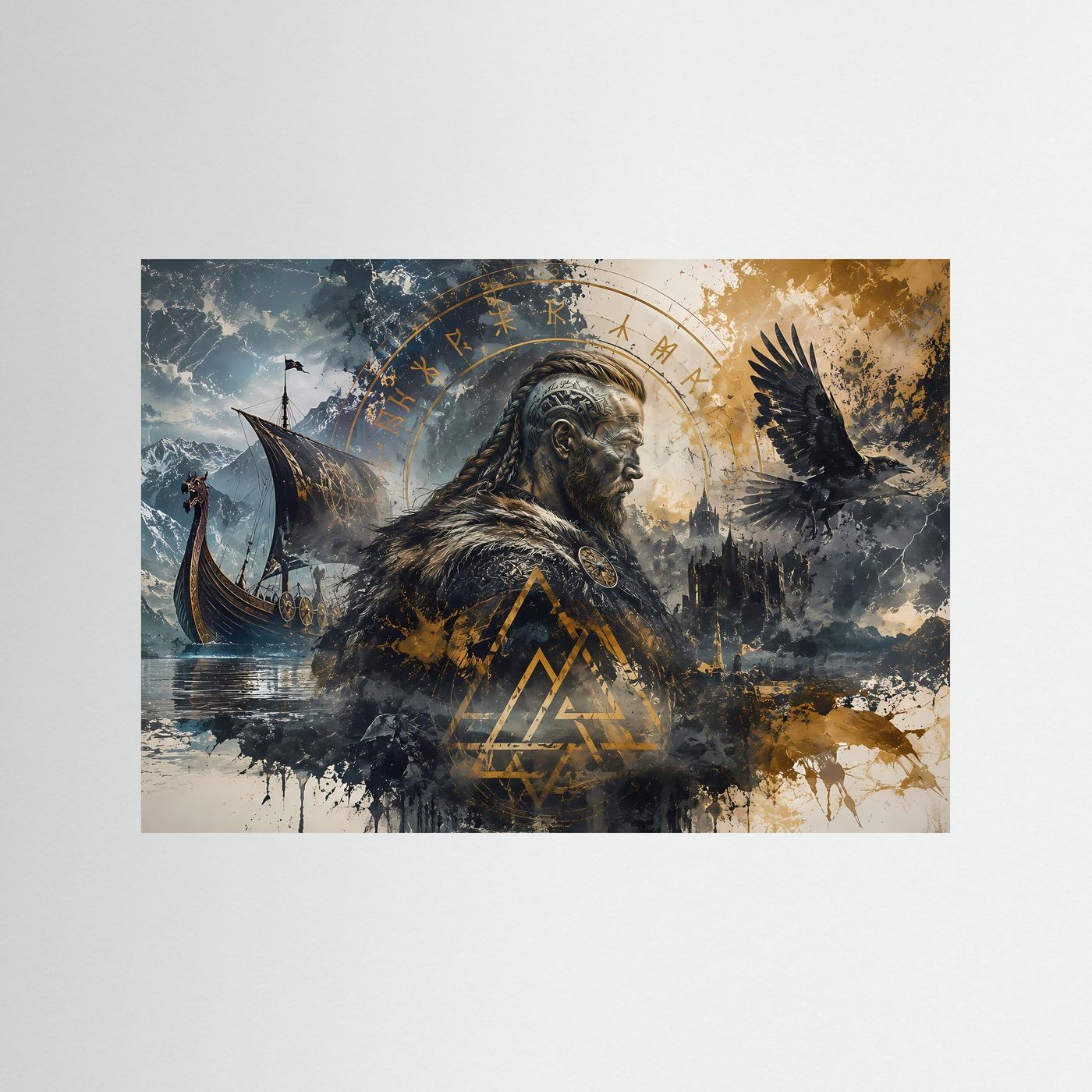 Wikinger Poster | Nordische Mythologie Wandbild | Viking Kunst mit Rabe & Langschiff | Ragnarök Runen | Skandinavische Fine Art