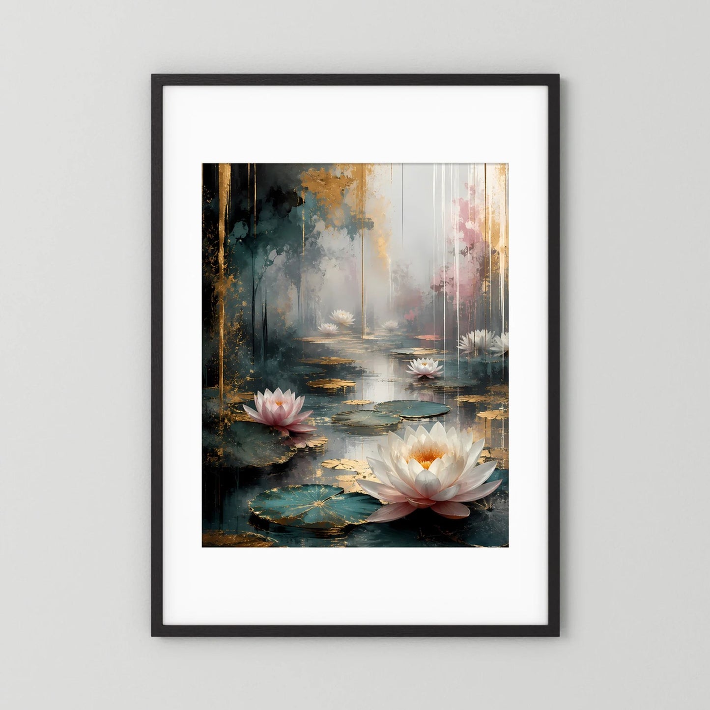 Poster mit Wasserlilien-Abstrakt in Weiß und Rosa, schwarzer Rahmen, Hochformat