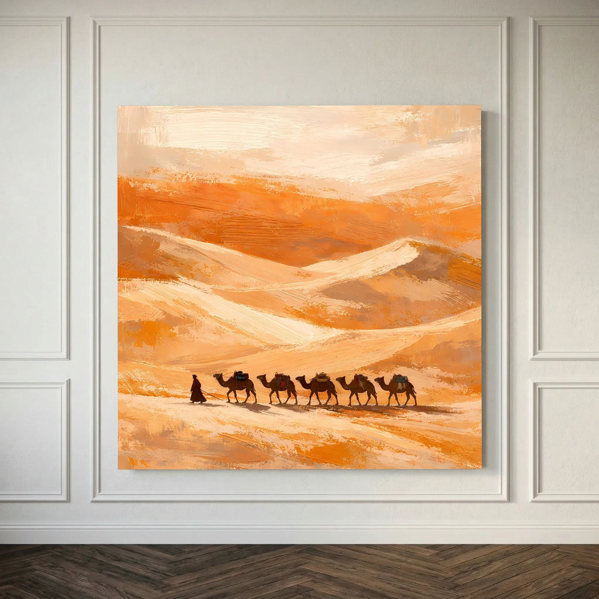 Leinwandbild mit Kamelkarawane auf Dünen, orange und beige, Holzrahmen im Rahmenelement