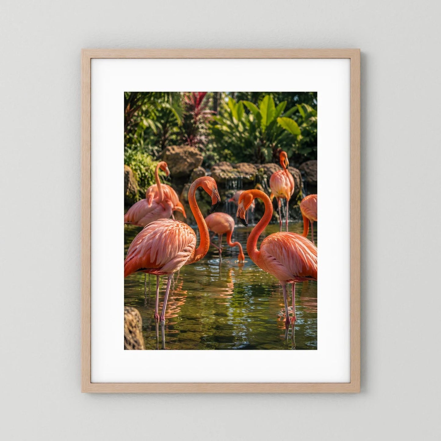 Poster mit rosa Flamingos am Wasser, beiger Holzrahmen