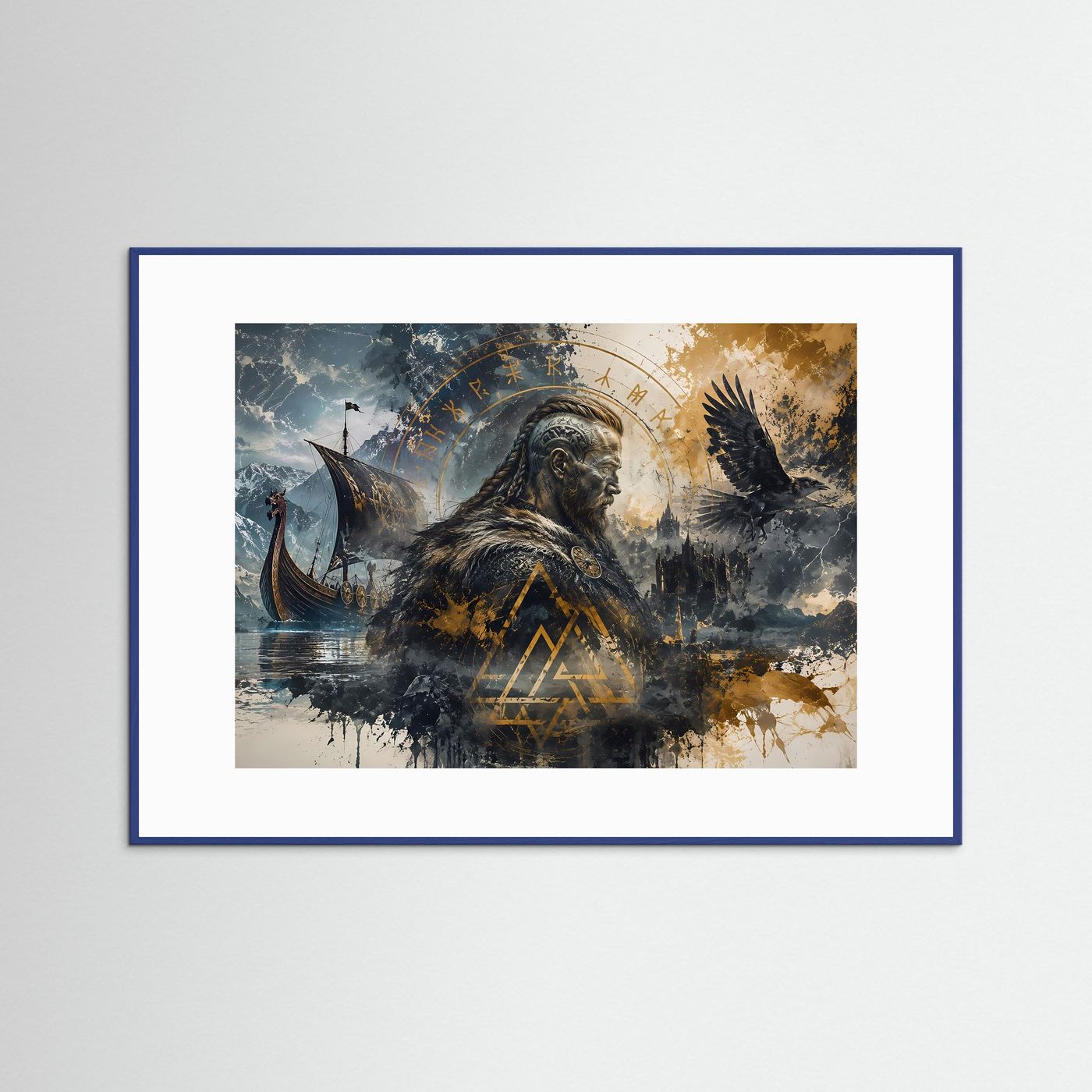 Wikinger Poster | Nordische Mythologie Wandbild | Viking Kunst mit Rabe & Langschiff | Ragnarök Runen | Skandinavische Fine Art