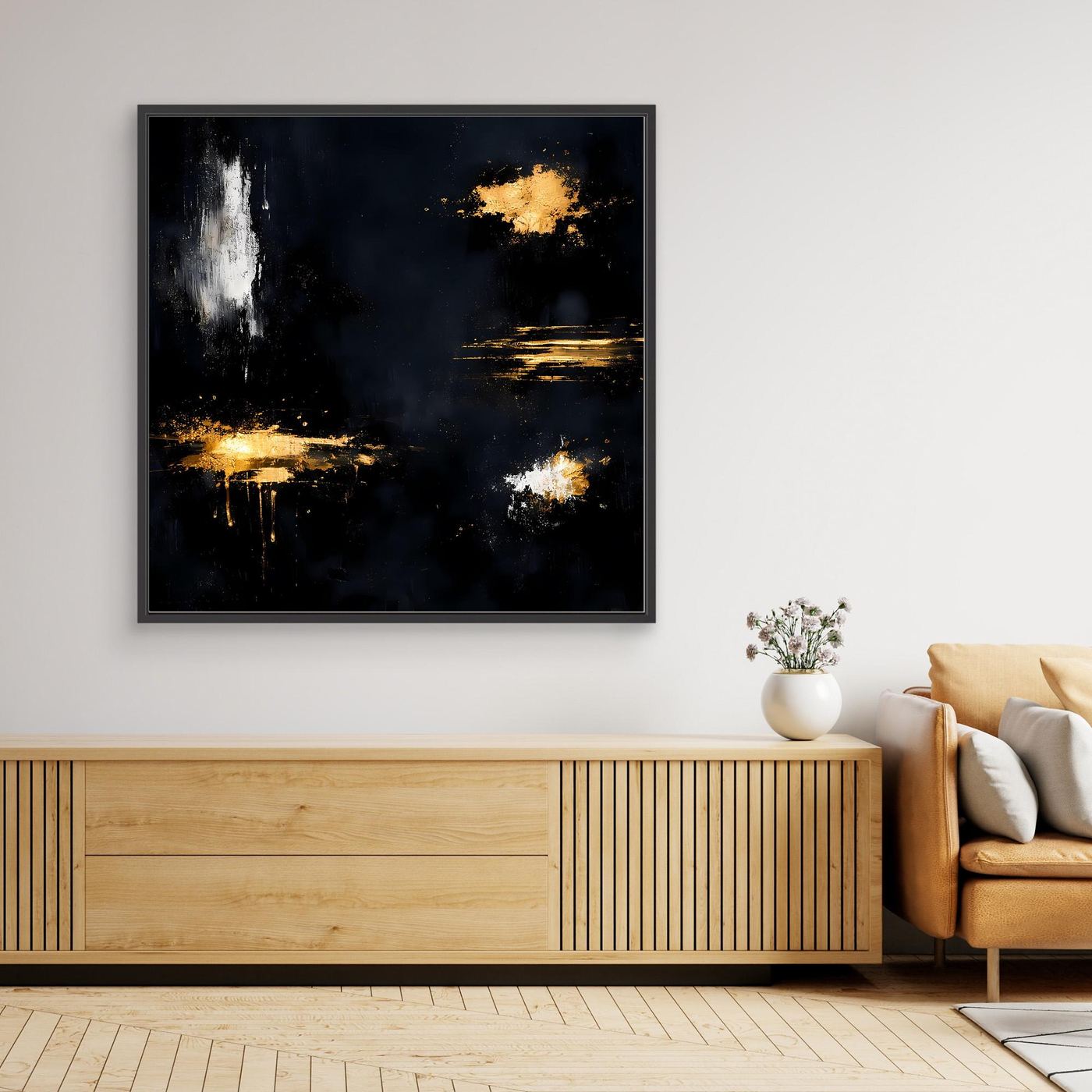 Leinwand Goldene Lichtakzente auf Schwarz | Modernes Abstraktes Minimalismus Wandbild