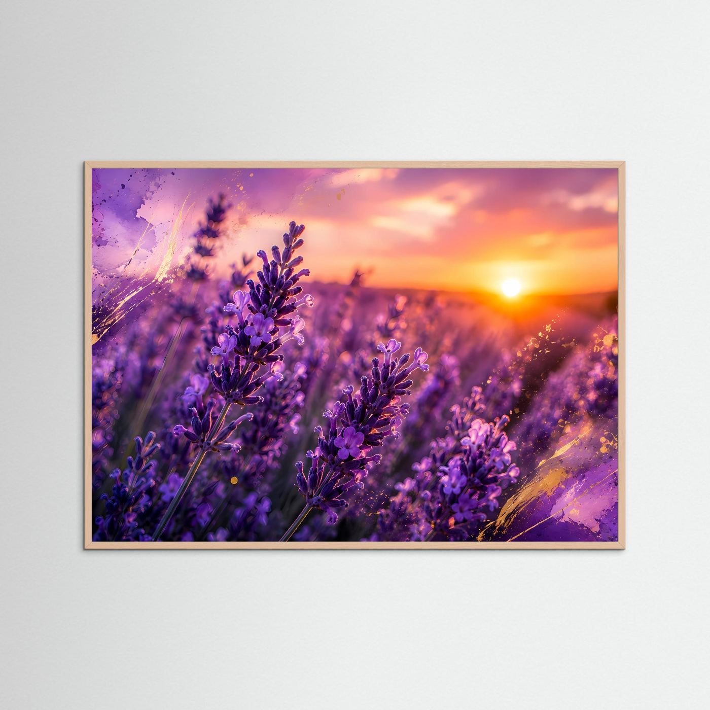 Lavendelfeld im goldenen Sonnenuntergang | Romantisches Lavendel Poster Panorama Querformat in Violett & Gold