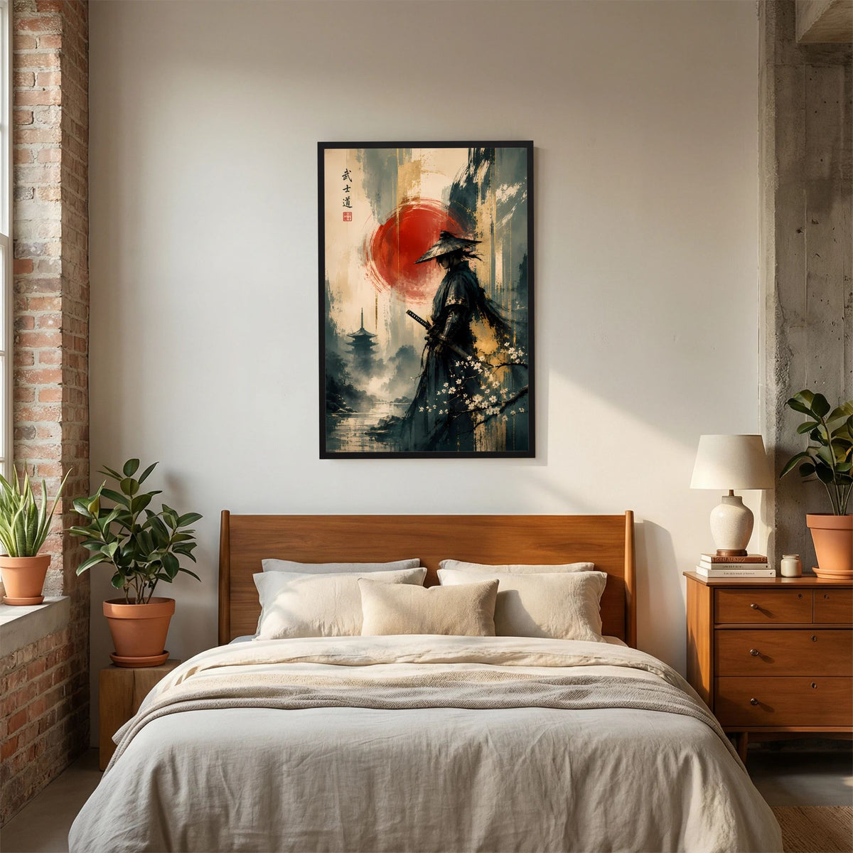 Hochformat-Wandposter mit Samurai in dunklem Gewand, Schwert und roter Sonne, schwarz gerahmt