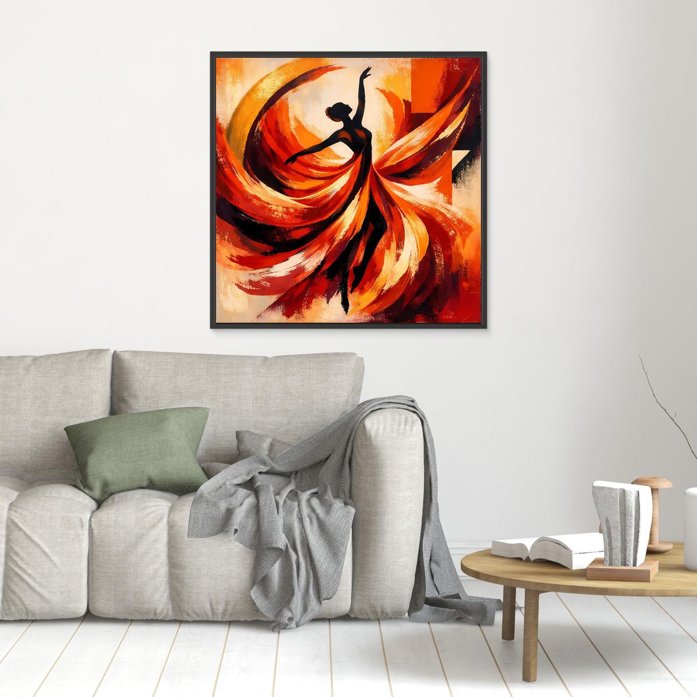 Leinwandbild mit schwarzem Rahmen: abstrakte Ballerina im Wohnraum, Rot-Orange, schwarz.
