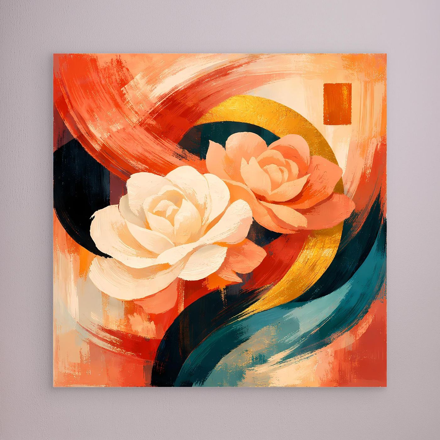 Leinwandbild mit abstrakten Rosen in Creme und Orange, warmrote Pinselstriche, ohne Rahmen