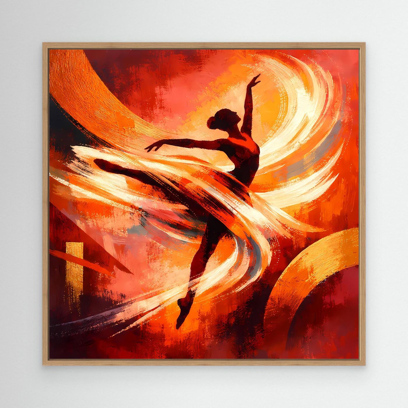 Abstraktes Leinwandbild mit hellem Holzrahmen: Ballerina-Silhouette im Tanz