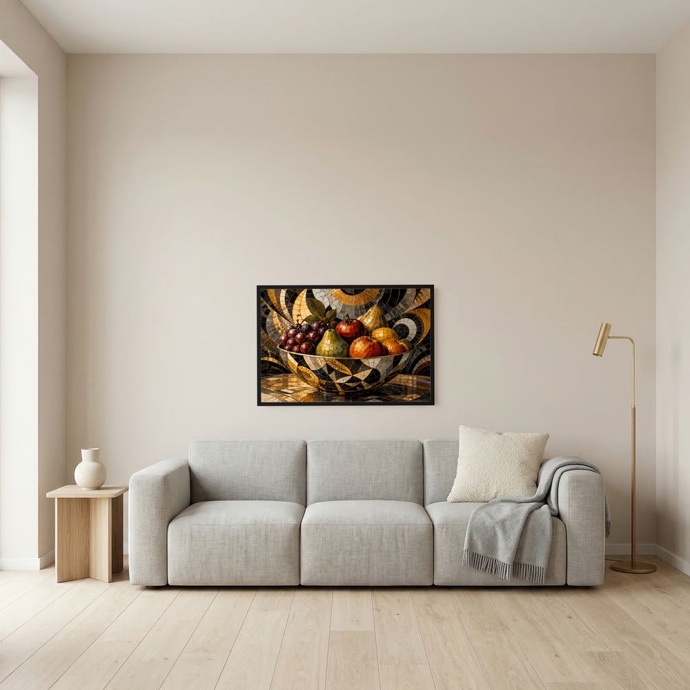 Gerahmtes Mosaikbild Obstschale mit Trauben, Äpfeln und Birnen in Gold und Schwarz