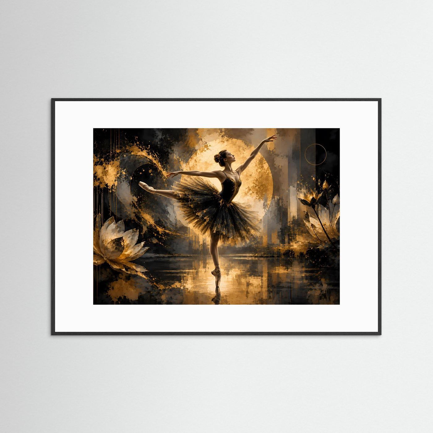 Tanzposter mit tanzender Ballerina in Schwarz und Gold, Querformat, weißes Passepartout, schwarzer Rahmen