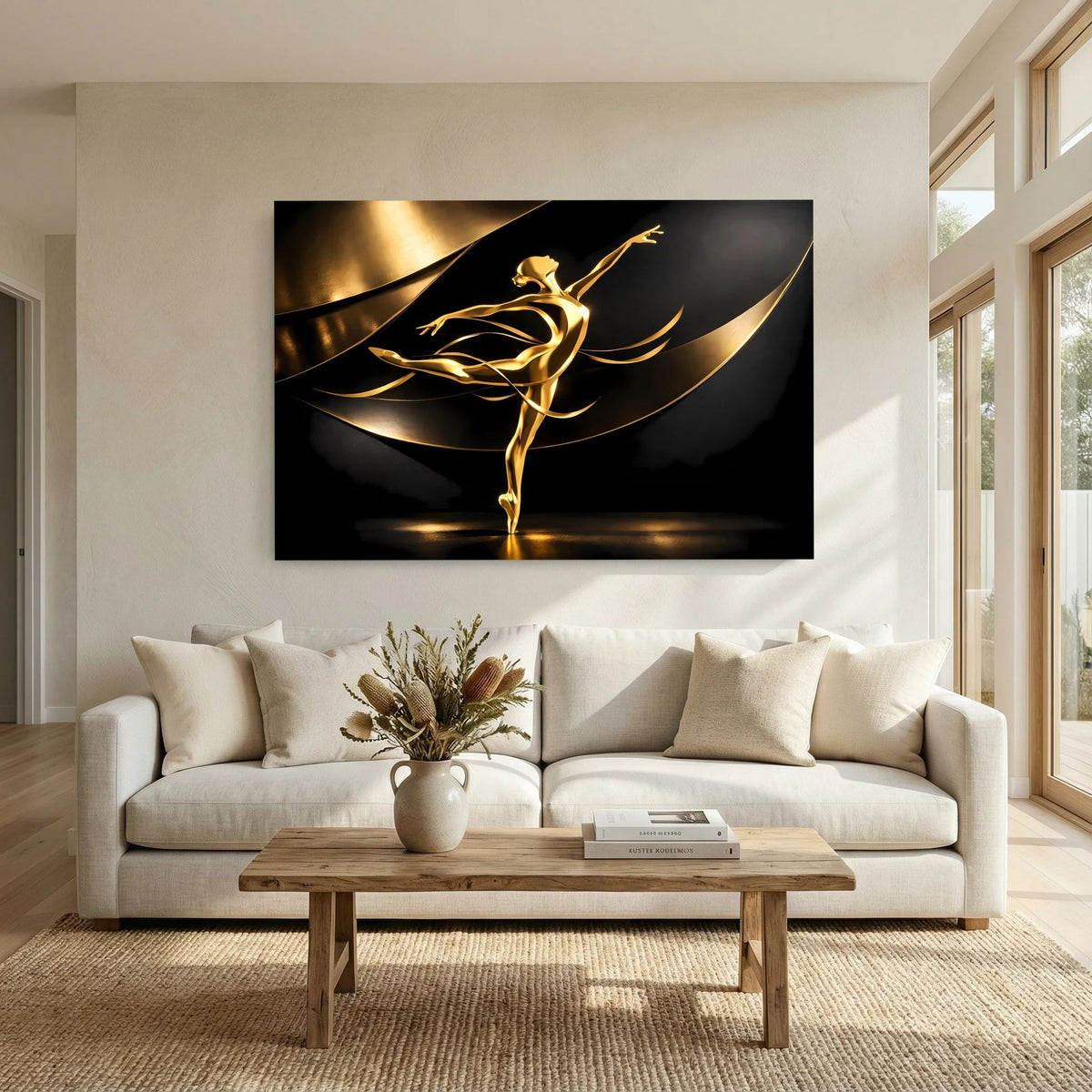Wandbild im Querformat: goldene Tänzerin mit Flügeln, schwarzer Hintergrund