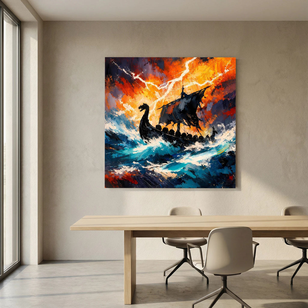 Keilrahmen-Wandbild mit Wikinger-Langschiff, Gewittersturm über blauem Meer und flammenden Farben
