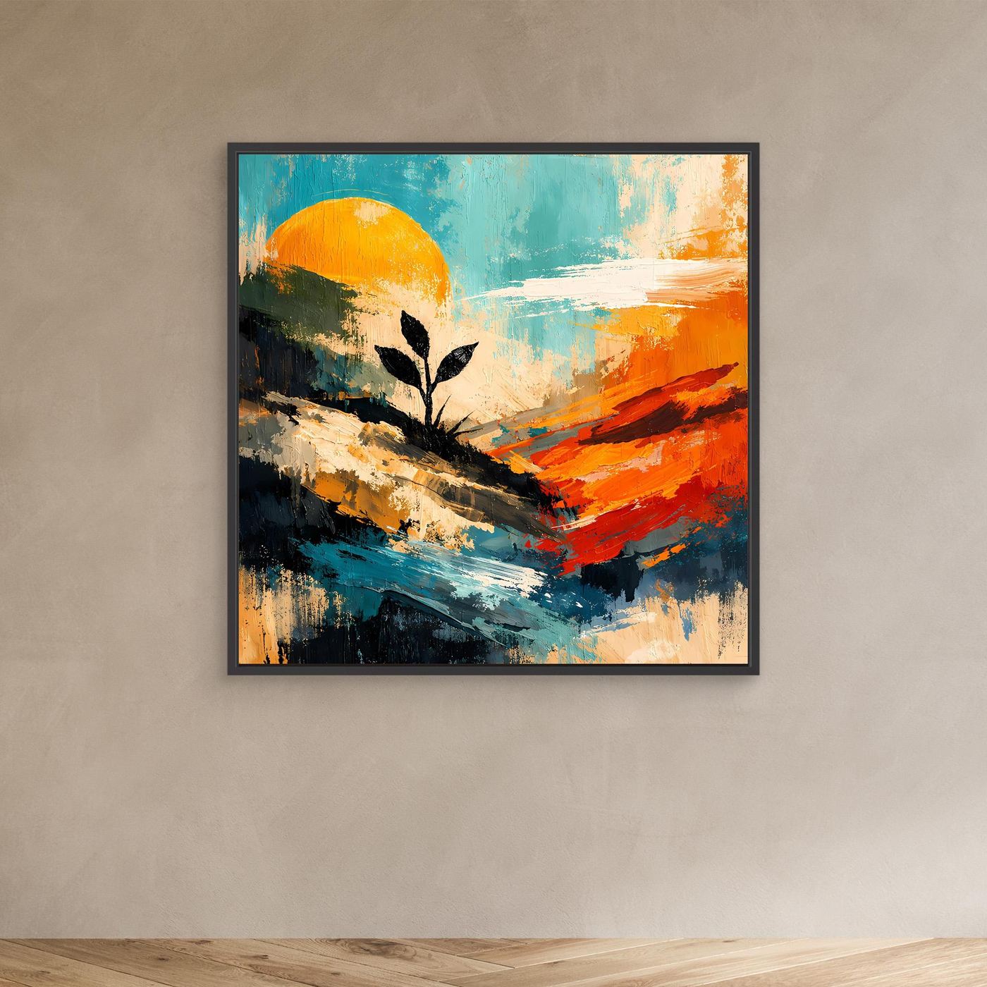 Abstraktes Wandbild mit schwarzem Rahmen: Sonne, Baum-Silhouette und abstrakte Pinselstriche