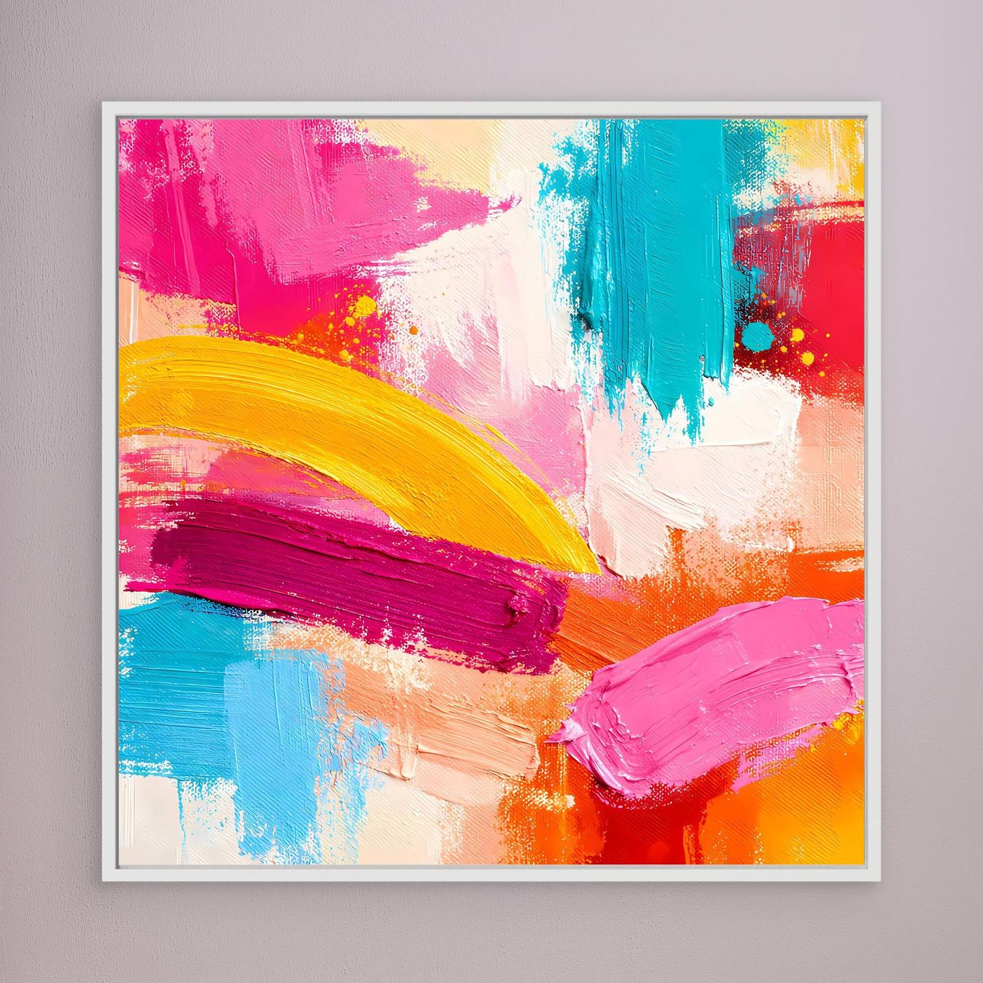 Leinwand-Abstraktbild mit pastelligen Pinselstrichen in Pink, Türkis, Gelb und Orange, weiß gerahmt.