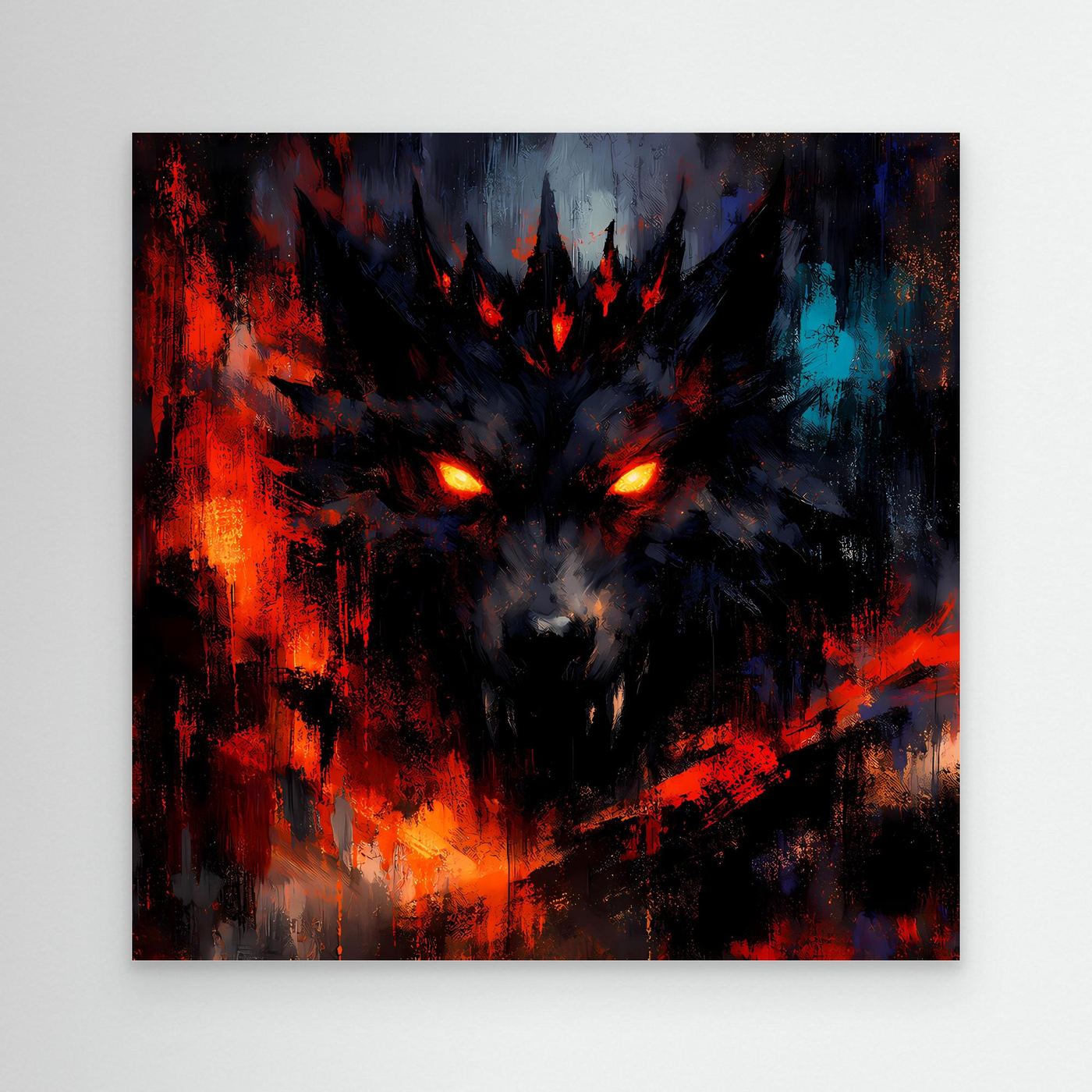 Abstraktes Leinwand-Wandbild mit Schattenwolf, leuchtenden Augen in Rot, Blau und Schwarz