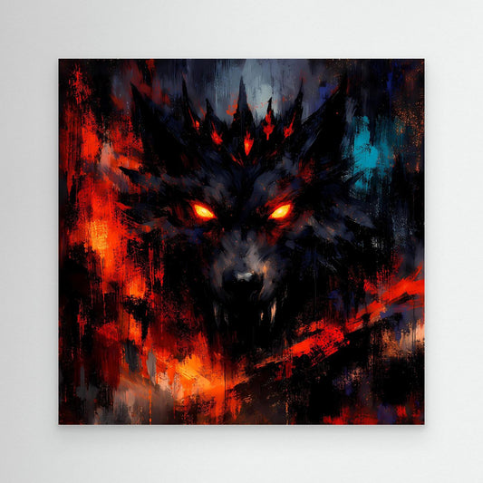 Abstraktes Leinwand-Wandbild mit Schattenwolf, leuchtenden Augen in Rot, Blau und Schwarz