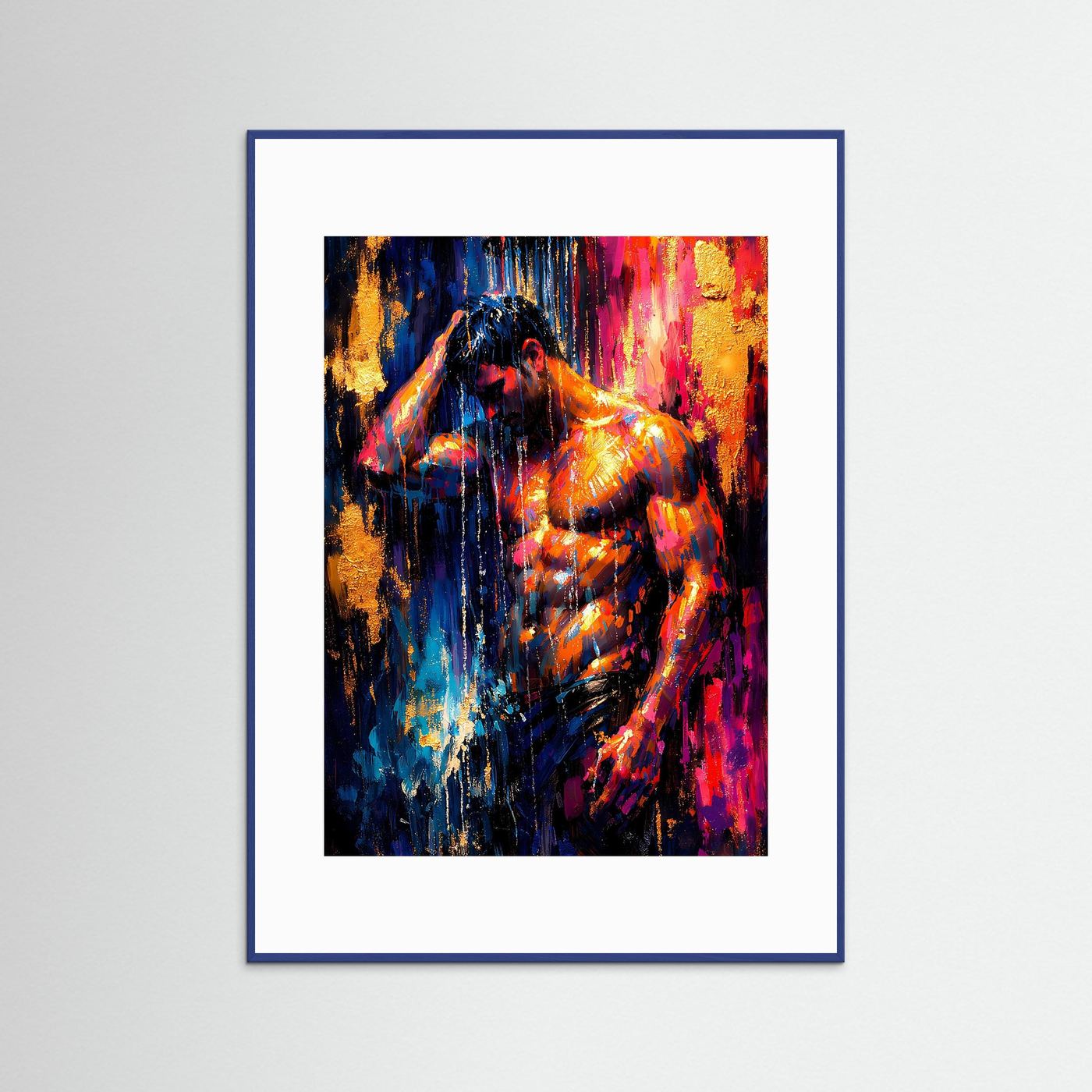 Abstraktes Kunstposter mit blauem Rahmen: Aktfigur unter Sprühregen in Blau, Pink, Gold