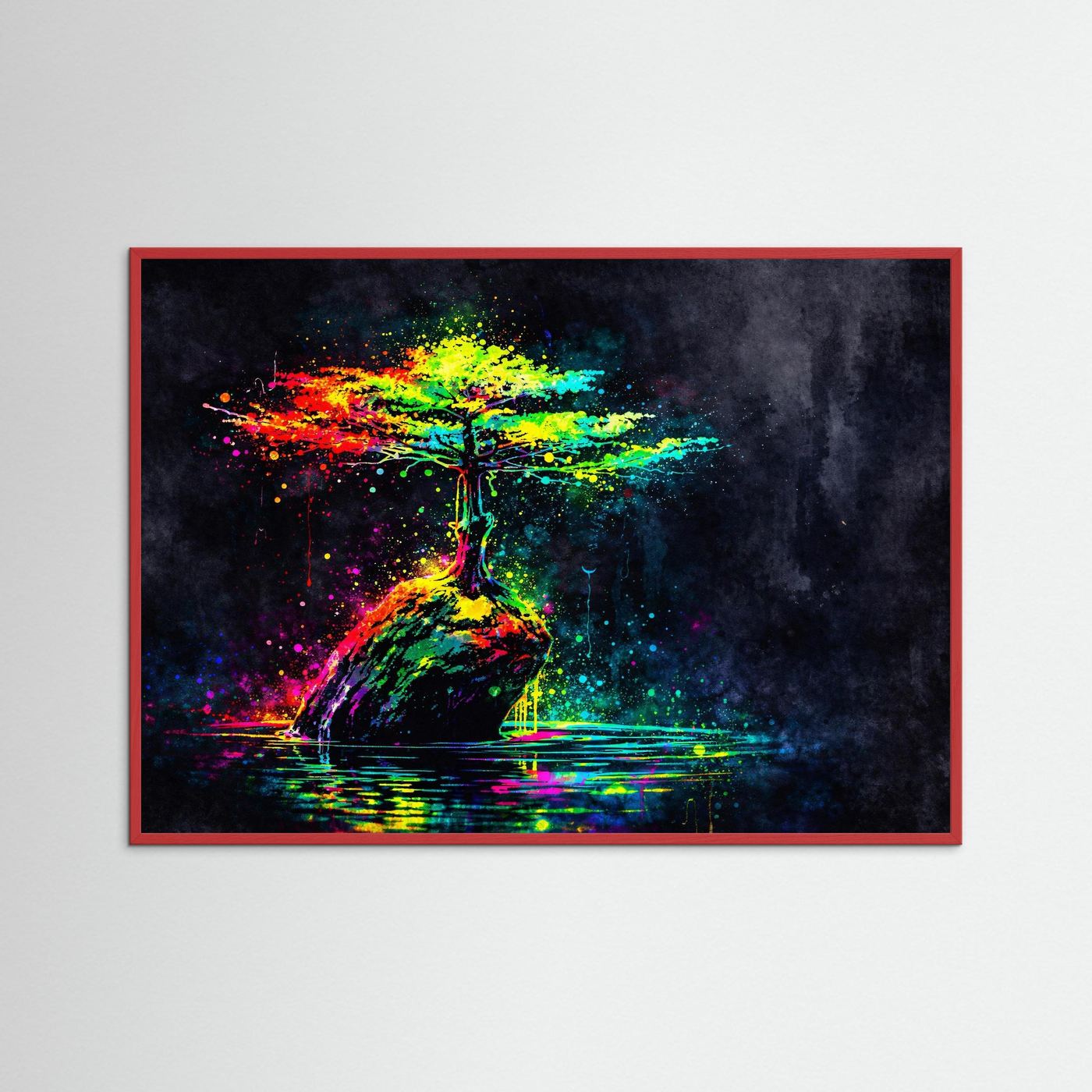 Wandbild mit abstraktem Lebensbaum-Motiv, neonfarbene Farben und Spiegelung, rot gerahmt