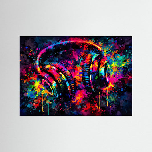Bunte Kopfhörer Pop Art | Musik & DJ Neon Kunst Wanddeko Querformat