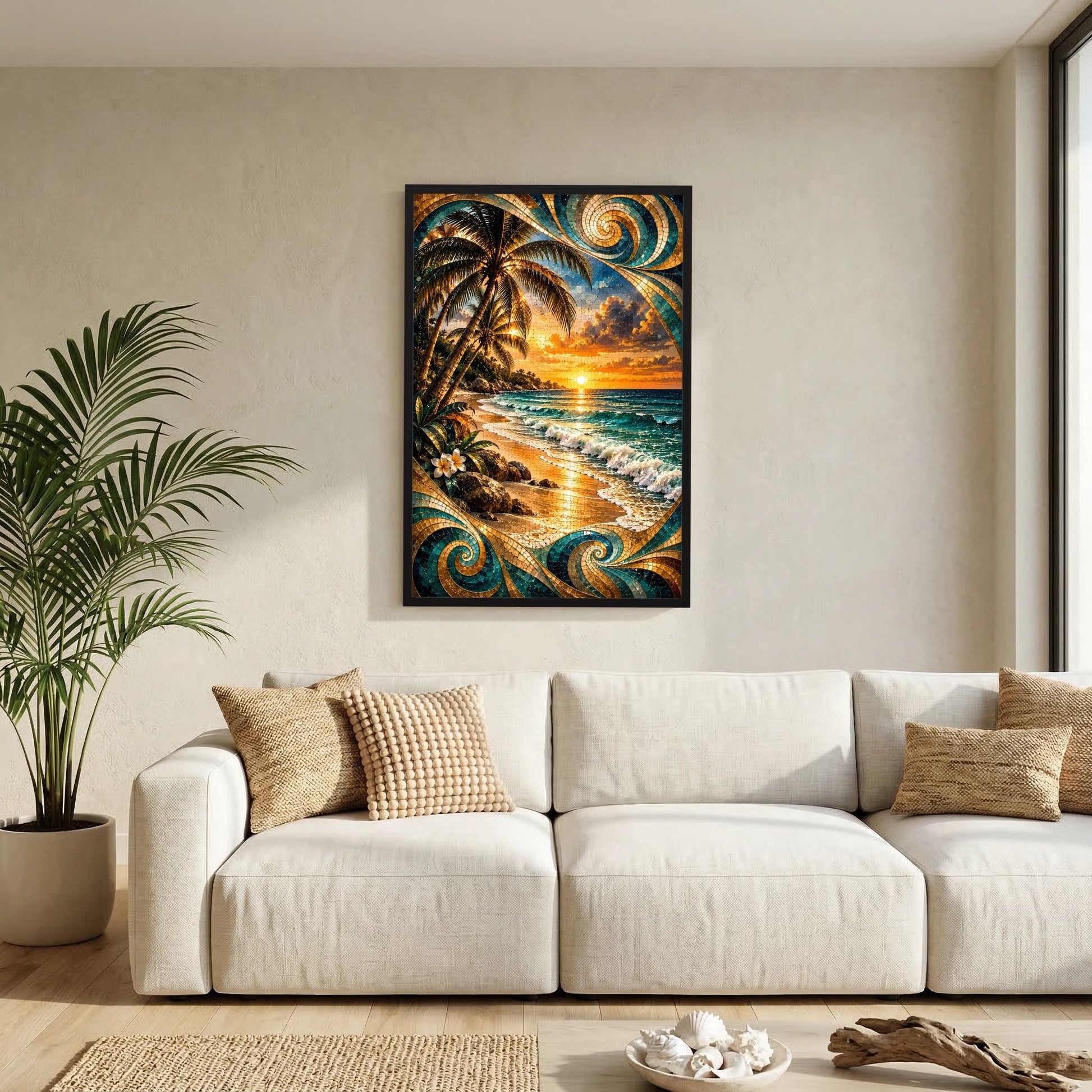 Tropischer Strand bei Sonnenuntergang | Mosaik Kunst in Türkis & Gold | Poster Hochformat
