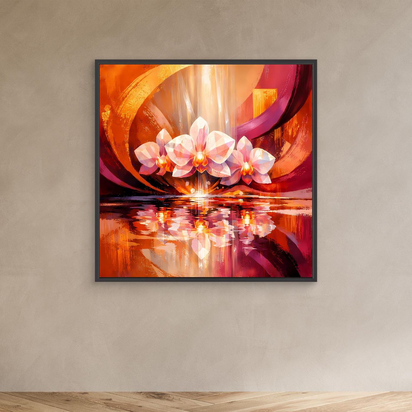 Leinwandbild mit weißen Orchideen, orange-pinken Farbflächen und Spiegelung, in schwarzem Rahmen