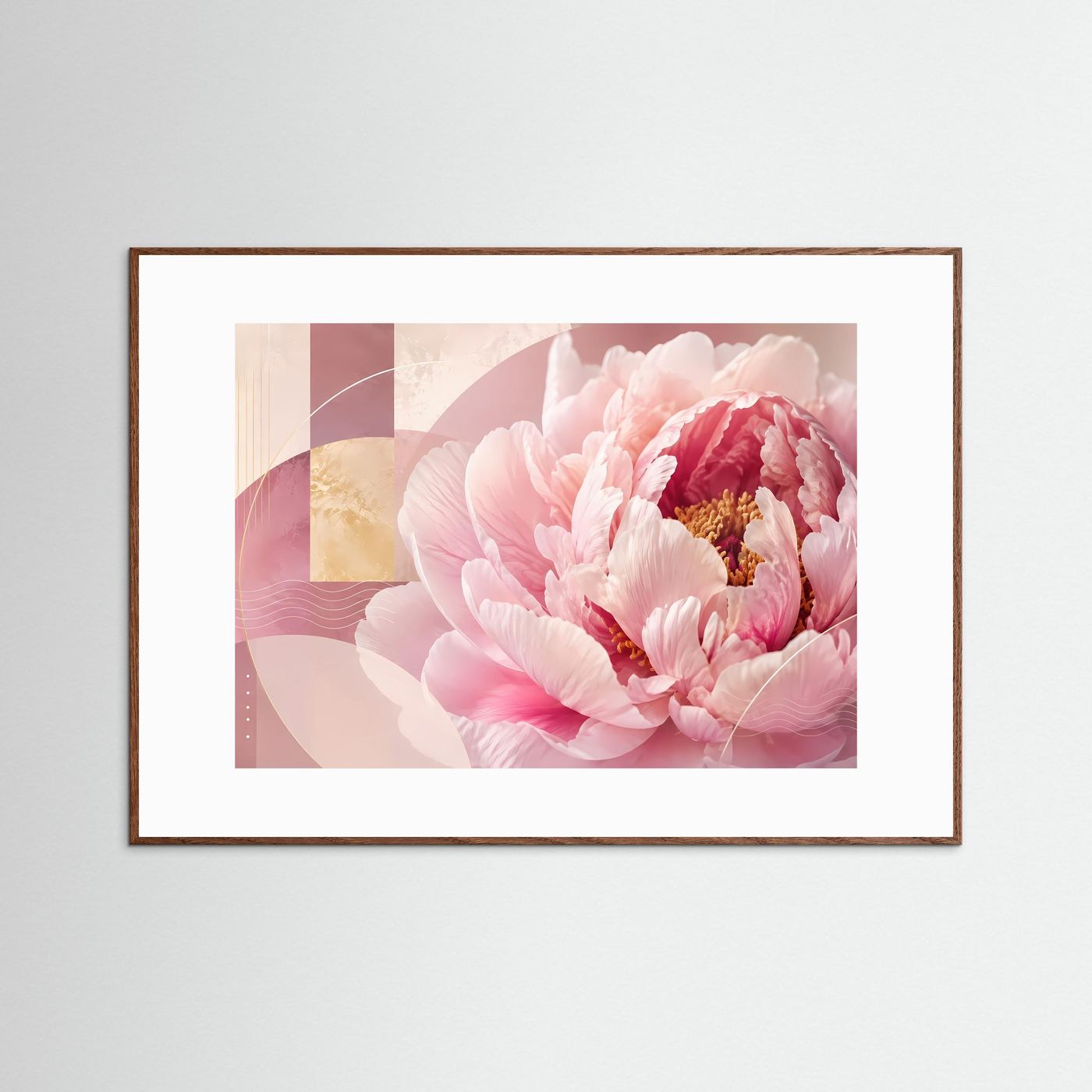 Querformat-Poster mit pastellrosa Pfingstrose im floralen Motiv, brauner Holzrahmen