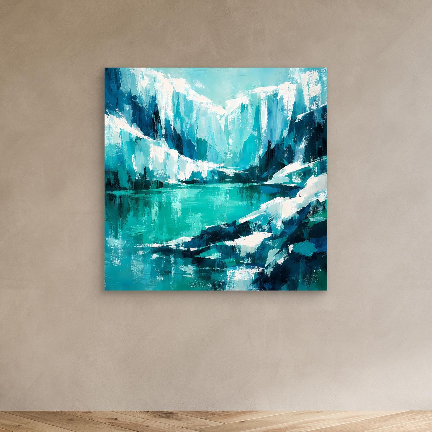 Abstraktes Leinwand-Wandbild mit Eisbergen und türkisfarbenem Wasser, ohne Rahmen
