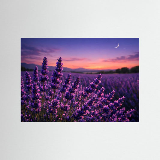 Querformat-Poster mit Lavendelfeldern bei Dämmerung, violette Blüten und Mondsichel