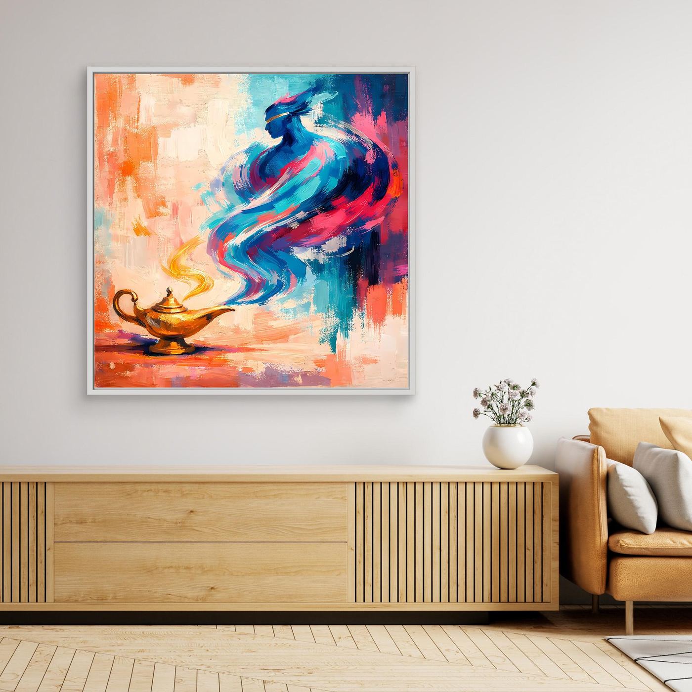 Gerahmtes Leinwand-Wandbild mit abstraktem blau-rotem Dschinni und leuchtender Flamme