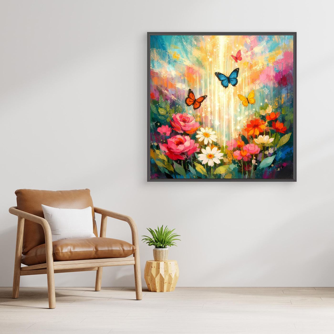 Wandbild Leinwand mit bunten Blumen und Schmetterlingen im schwarzen Rahmen