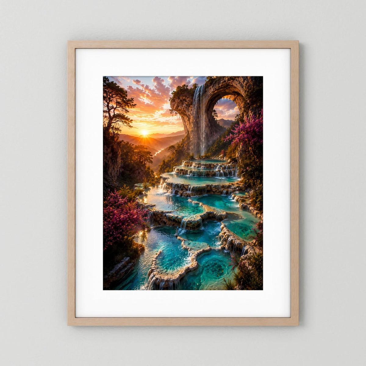 Kunstposter Hochformat mit hellem Holzrahmen und weißem Rand, Wasserfall und türkisfarbene Wasserterrassen