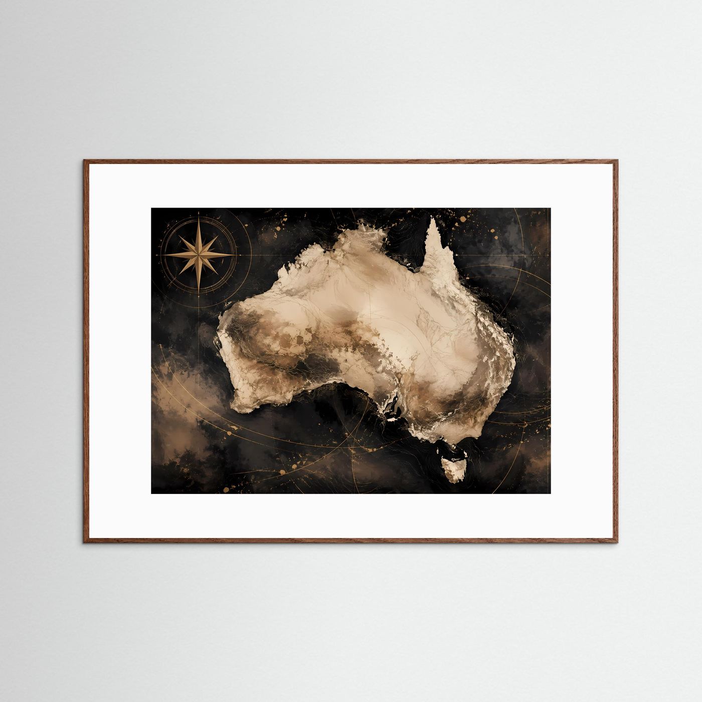 Poster mit Australienkarte: Schwarz, Golddetails und Kompassstern im braunen Holzrahmen