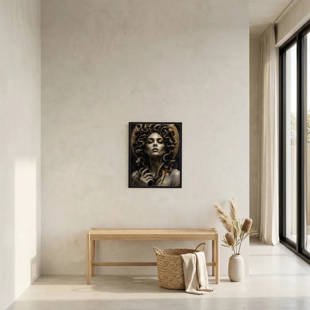 Gerahmtes Medusa-Porträtposter in Schwarz und Gold mit Schlangenhaaren an der Wand