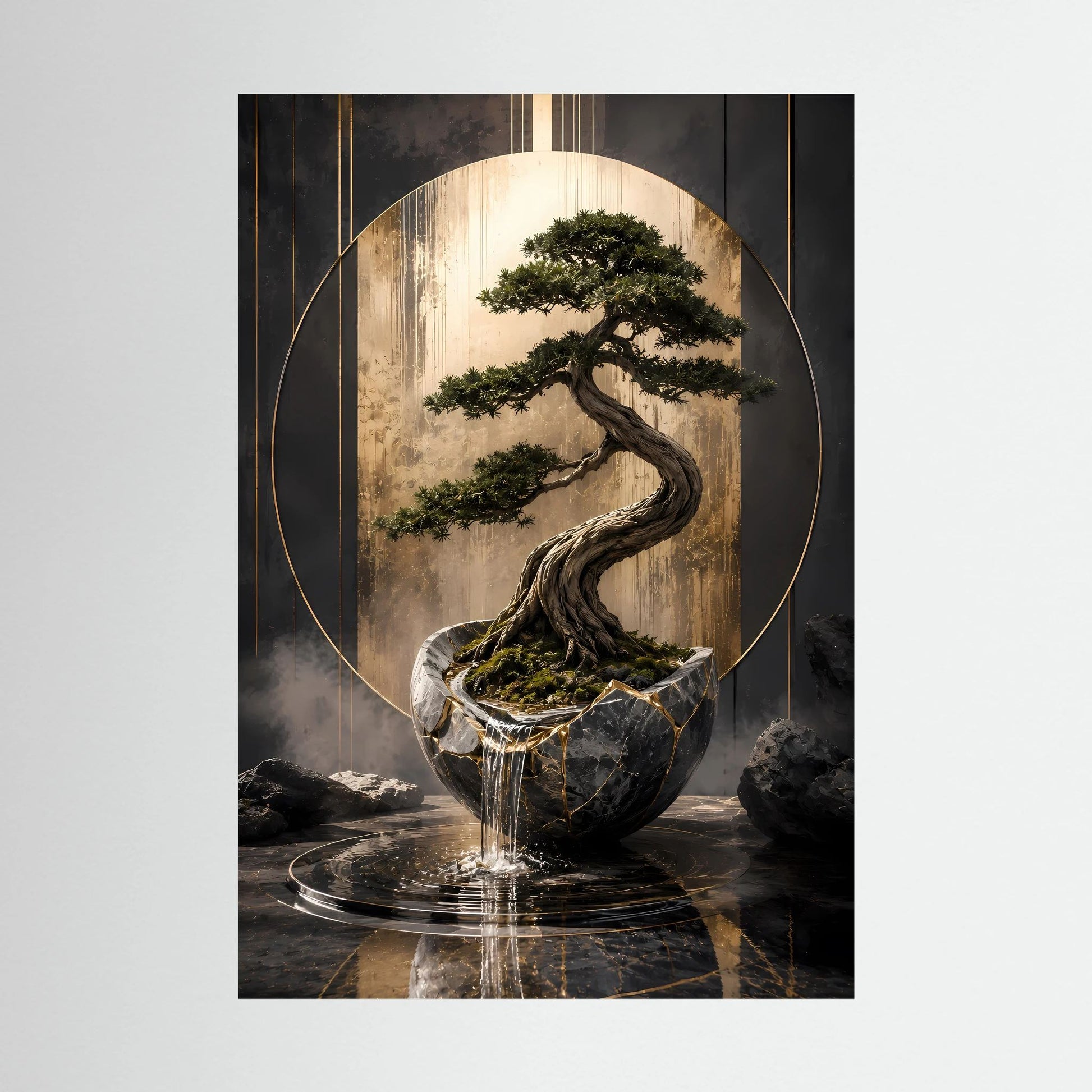 Hochformat-Poster Nahansicht: Bonsai-Baum im schwarzen Topf, goldene Kreislinien, Reflexe