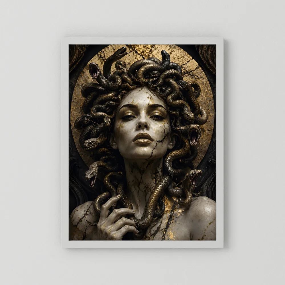 Poster der Schlangengöttin Medusa mit goldenen Schlangen, weißer Rahmen
