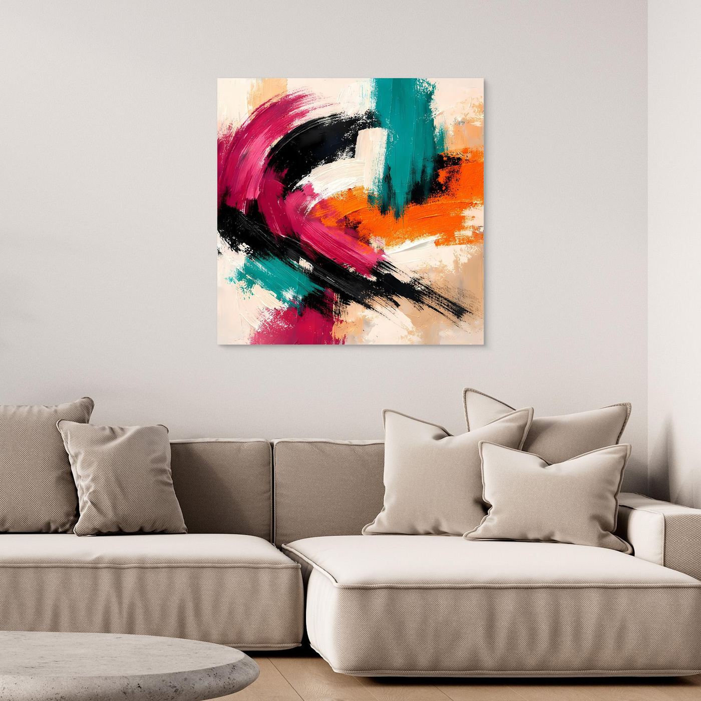 Quadratisches Wandbild mit abstrakten Pinselstrichen in Pink, Türkis und Orange, ohne Einfassung