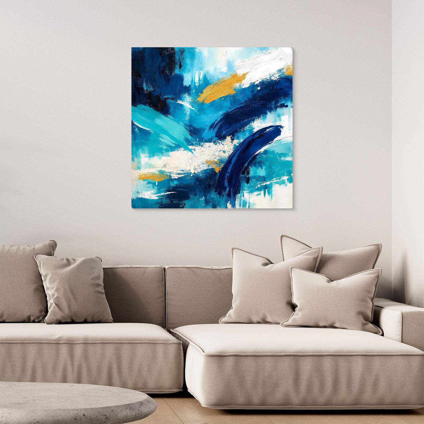 Abstract blue and gold canvas wall art with sweeping paint strokes, square format