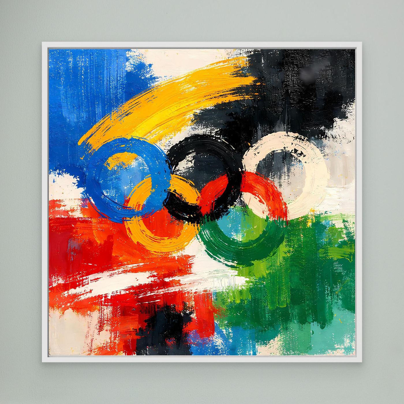 Abstraktes Leinwandbild mit olympischen Ringen, mehrfarbig, weißer Rahmen