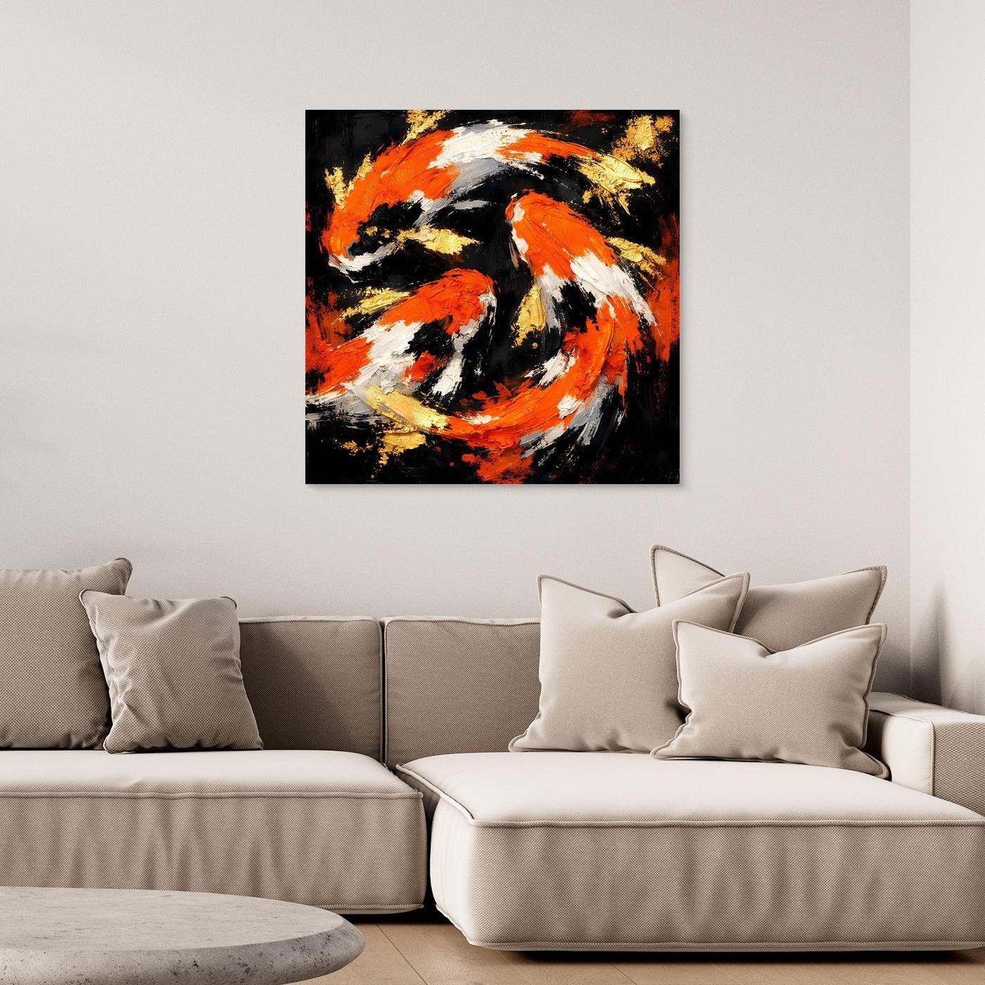 Leinwand Dynamische Koi-Karpfen | Abstraktes Yin Yang Wandbild Gold Orange