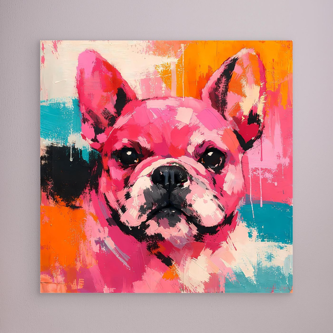 Abstract French bulldog portrait painting in pink, orange, teal, and black with no frame