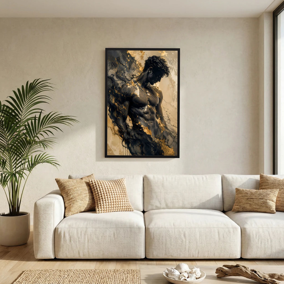 Hochformat-Poster im schwarzen Rahmen mit abstraktem Männerkörper in Schwarz und Gold