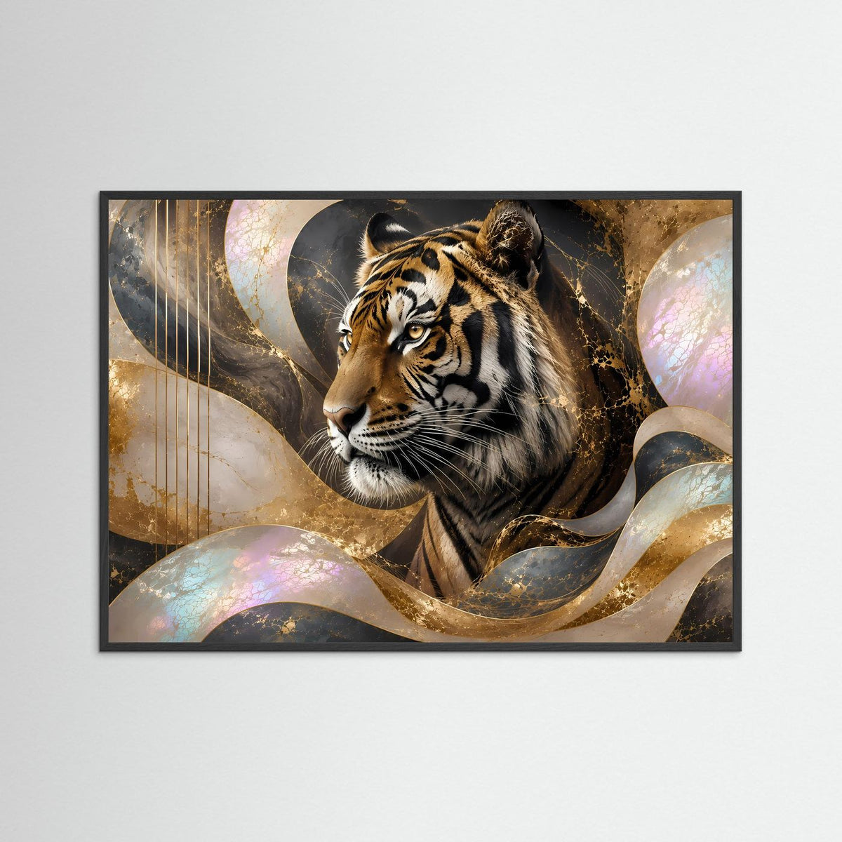 Abstraktes Tigerbild im schwarzen Rahmen mit goldenem Tigerkopf und perlmuttartigem Wirbelmotiv