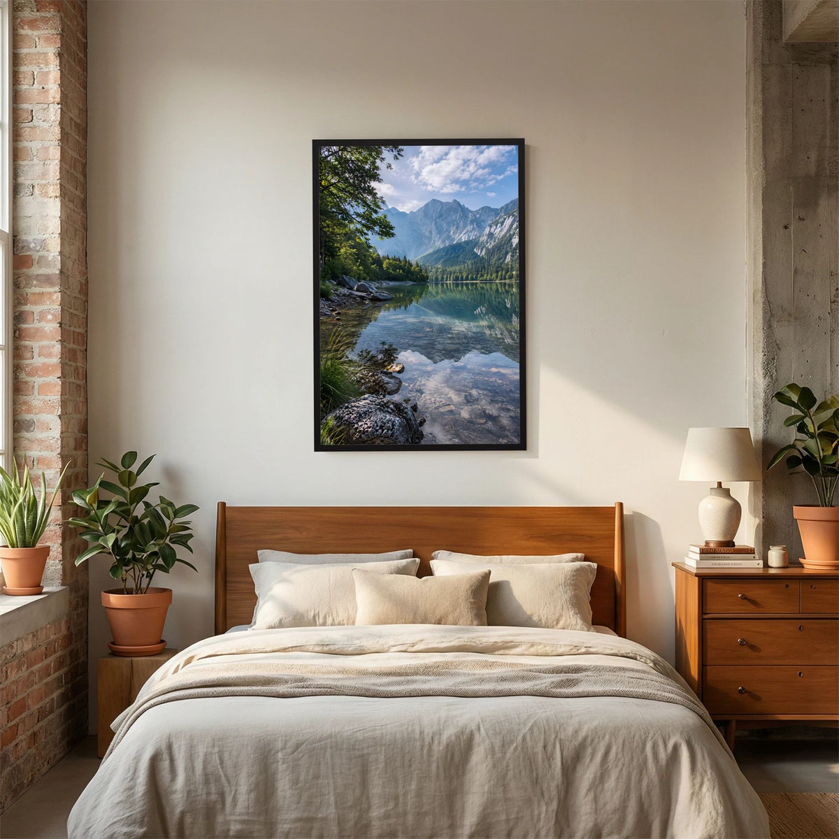 Rahmenloses Landschaftsposter im Hochformat mit Bergsee, Wiesen und Gebirge
