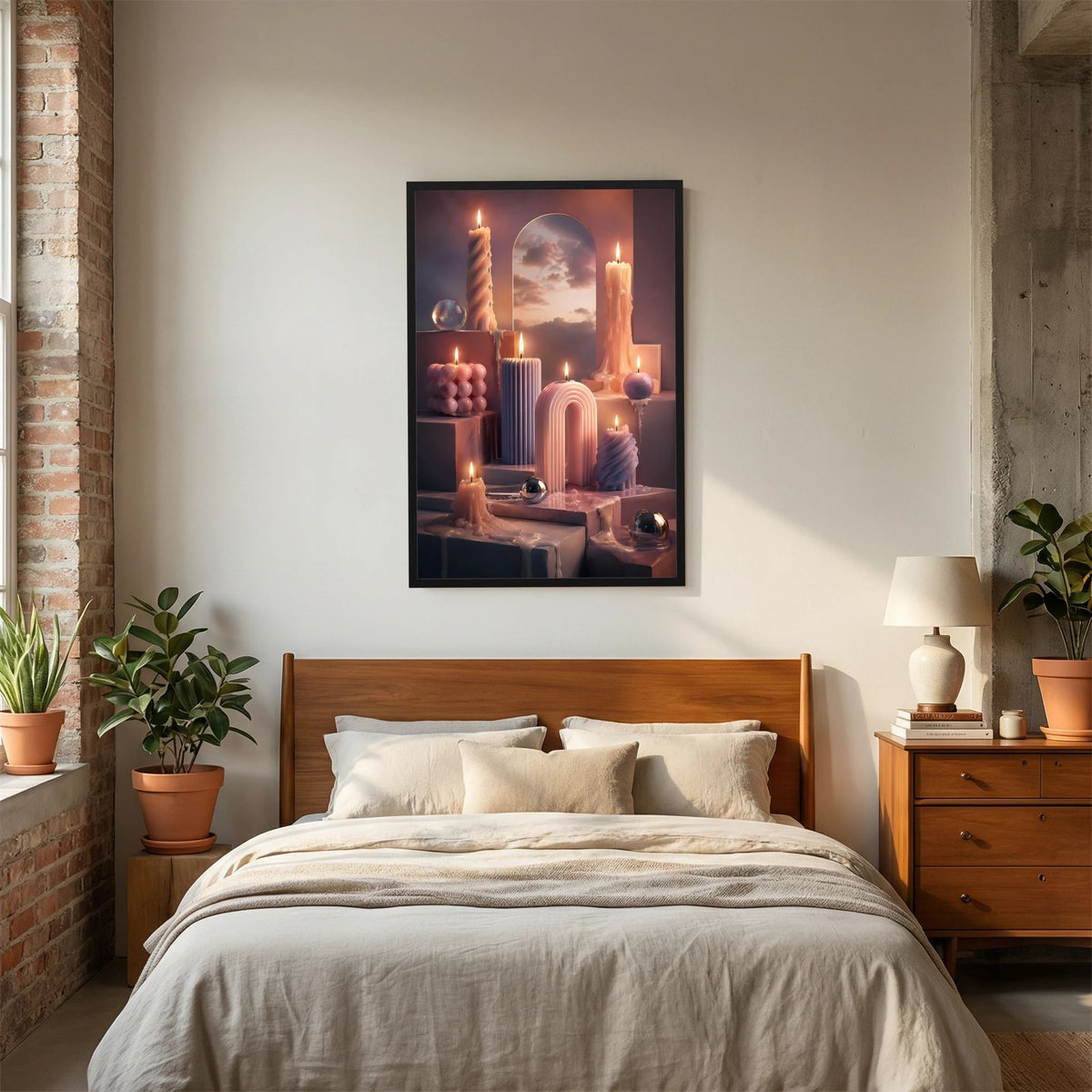 Hochformat-Poster mit brennenden Kerzen in Pastellrosa im schwarzen Rahmen, Bogenmotiv