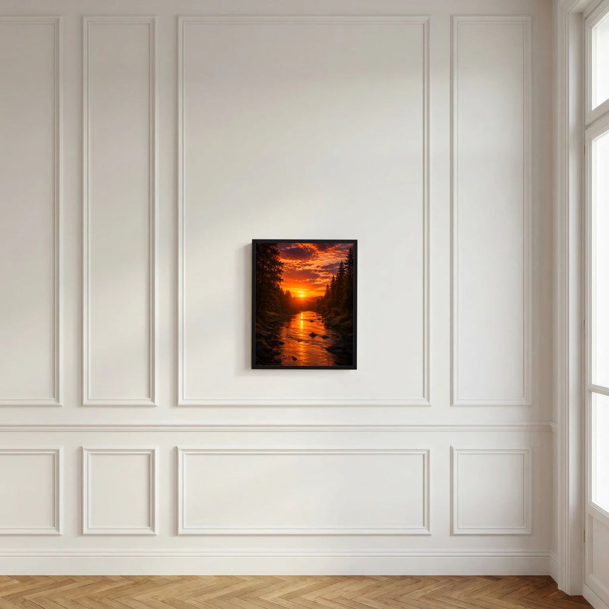Schwarzes Wandposter im Hochformat mit Sonnenuntergang am Waldfluss, orange Wolken