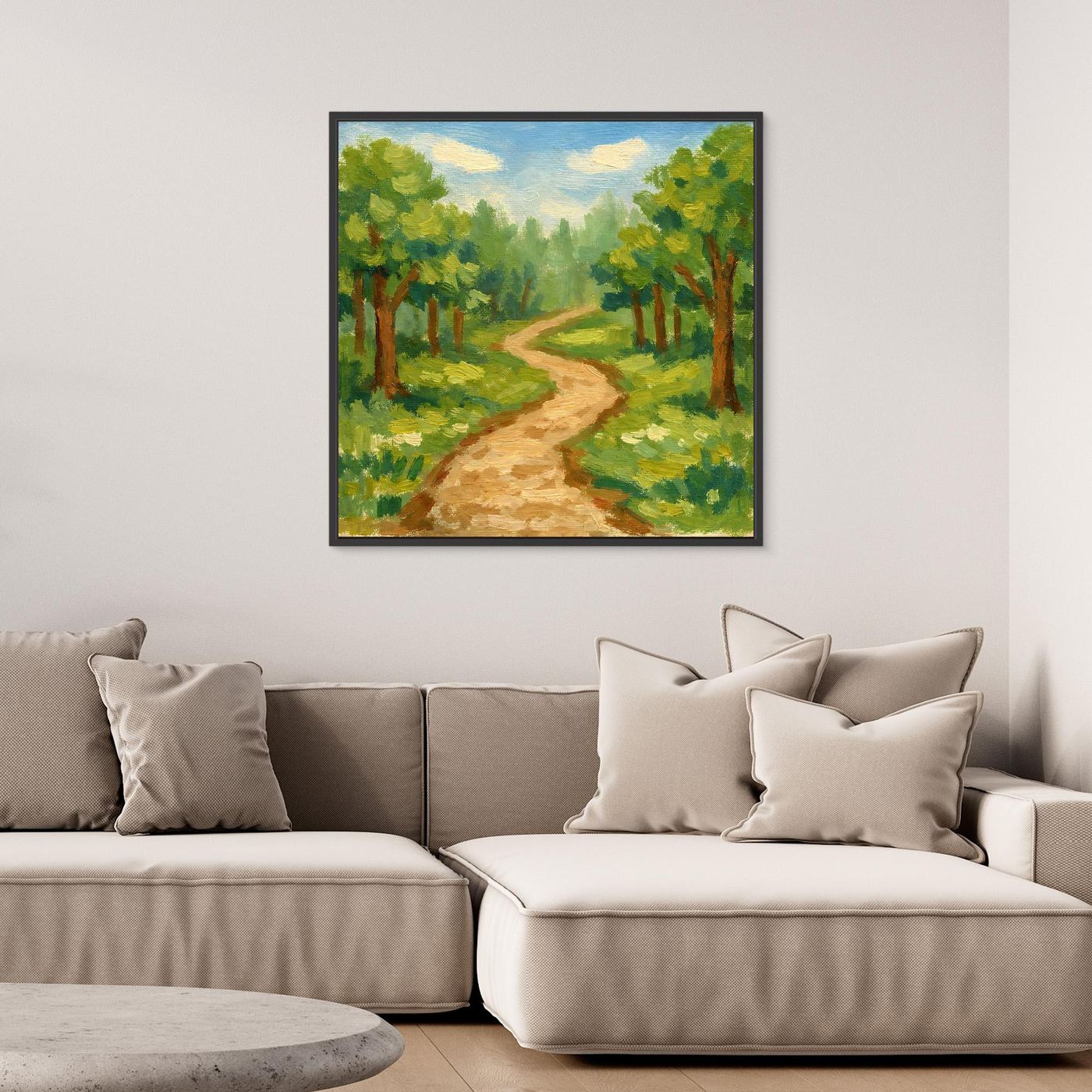 Leinwandbild mit impressionistischem Waldweg im Grünen, schwarzer Rahmen