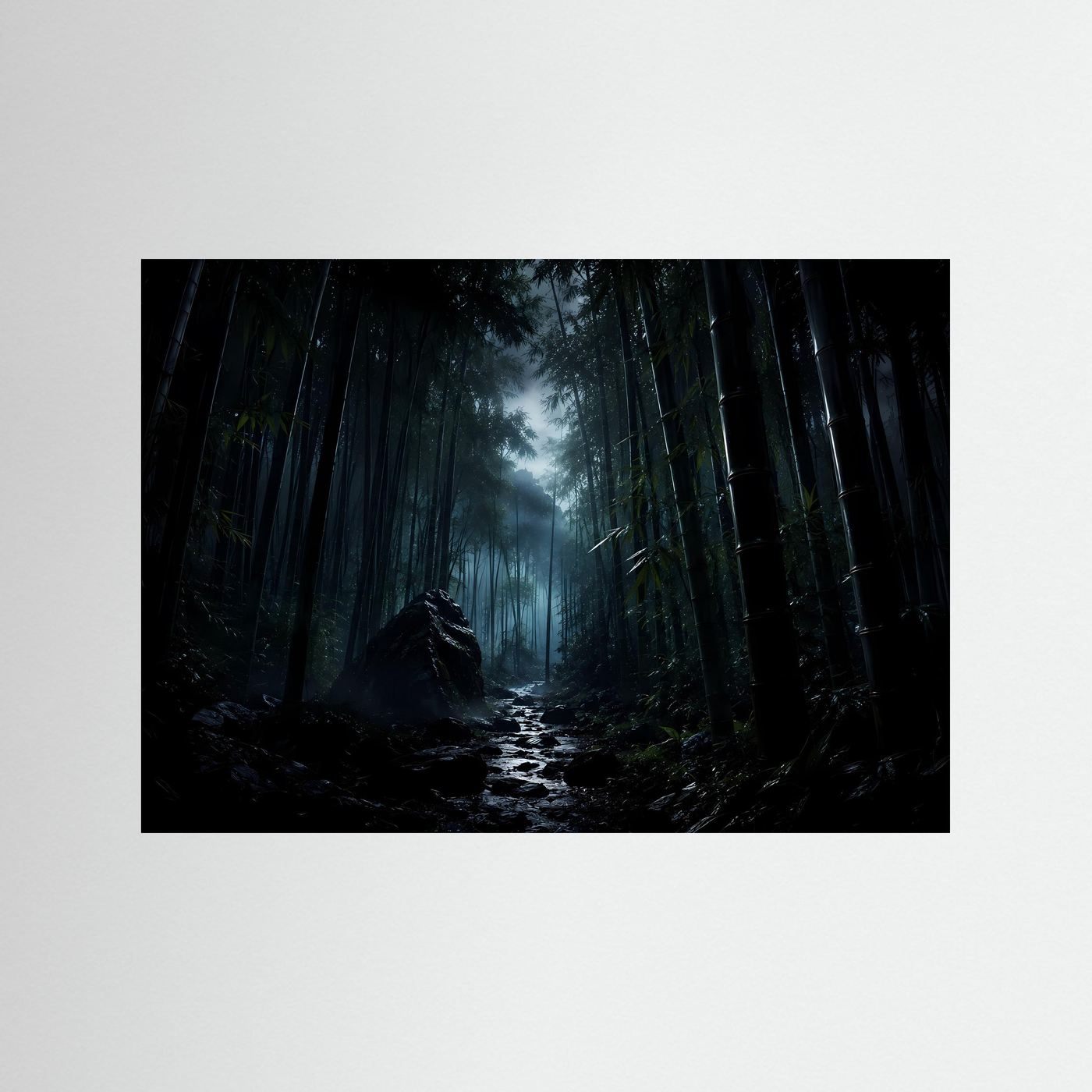 Mystischer Bambuswald bei Nacht Poster | Japanischer Zen Wald Nebel Landschaft Wandbild Querformat