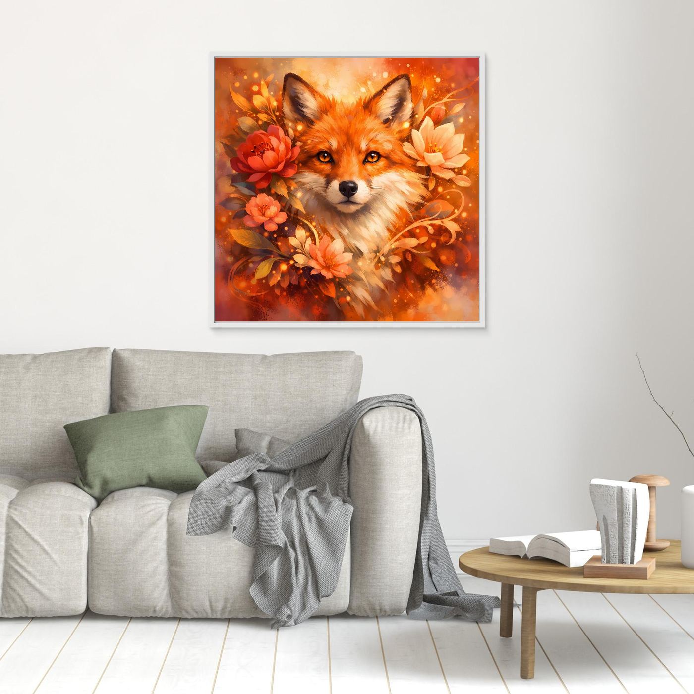 Kleines Leinwandbild mit Fuchs-Motiv und Blumenkranz im Orangeton, weißer Rahmen