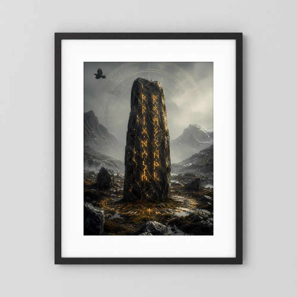 Hochformat-Poster im schwarzen Rahmen mit weißem Passepartout: Runenstein mit goldenen Runen.