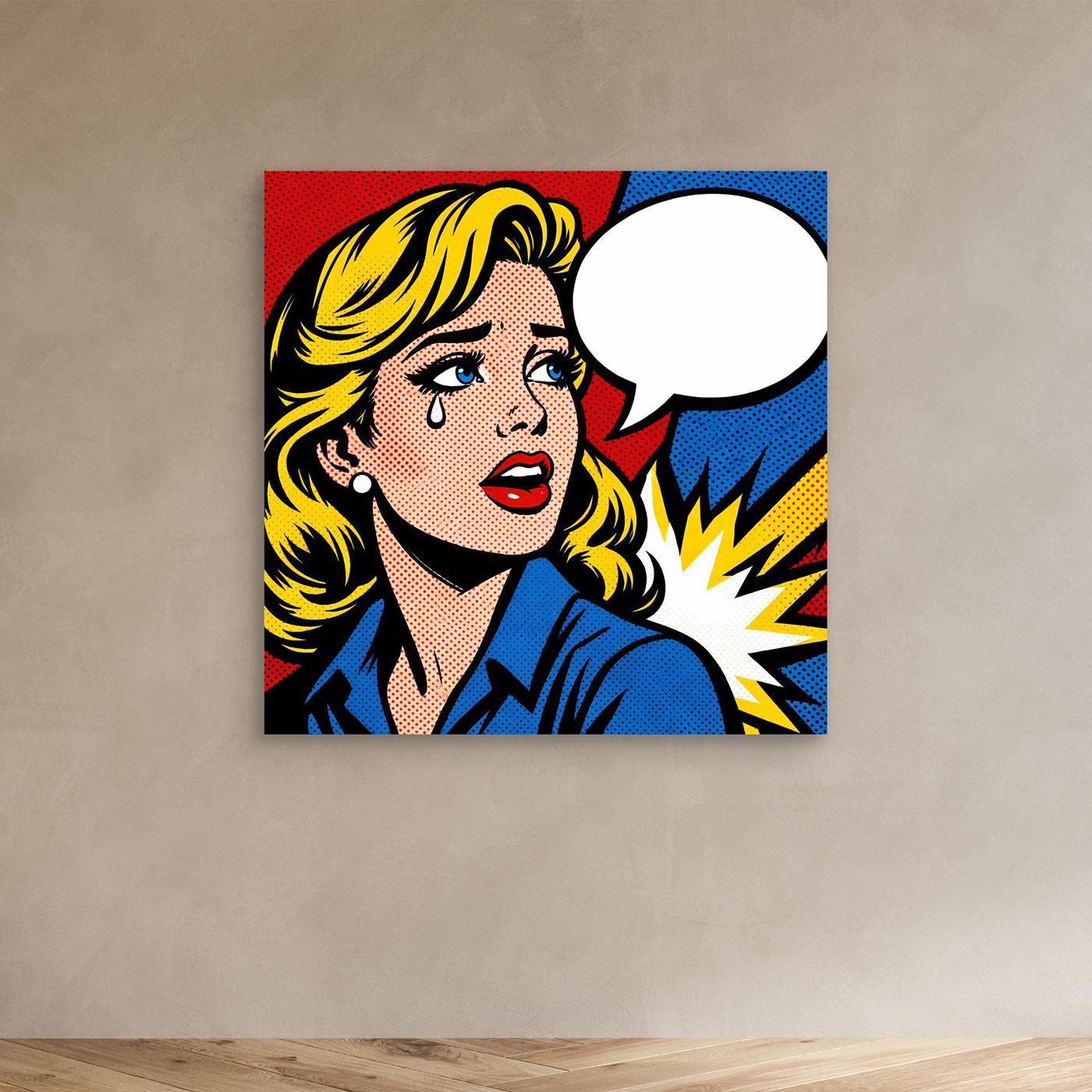 Leinwandbild mit Pop-Art-Frau im Comic-Stil, gelbem Haar, blauem Oberteil